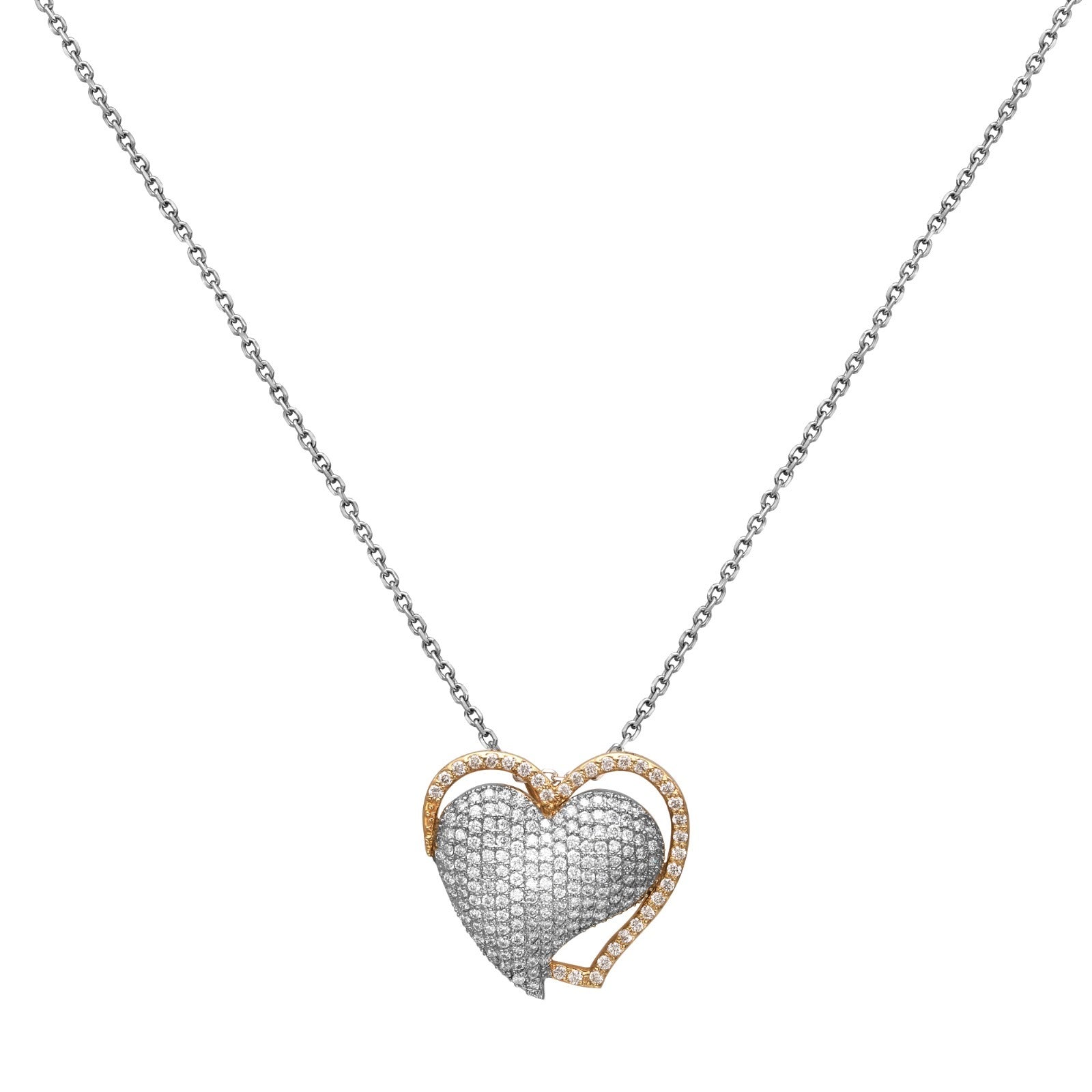 Natural Diamond Double Heart Pendant in 14K White & Yellow Gold – 3.92ctw