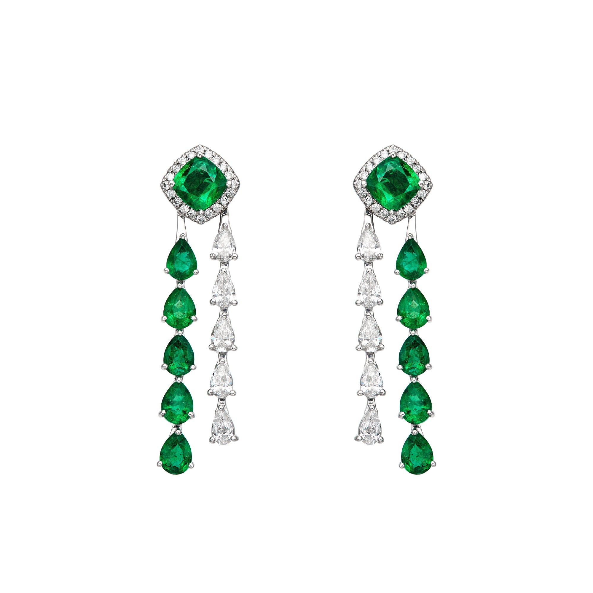 Diamond & Emerald Cushion Raining Drop Earrings