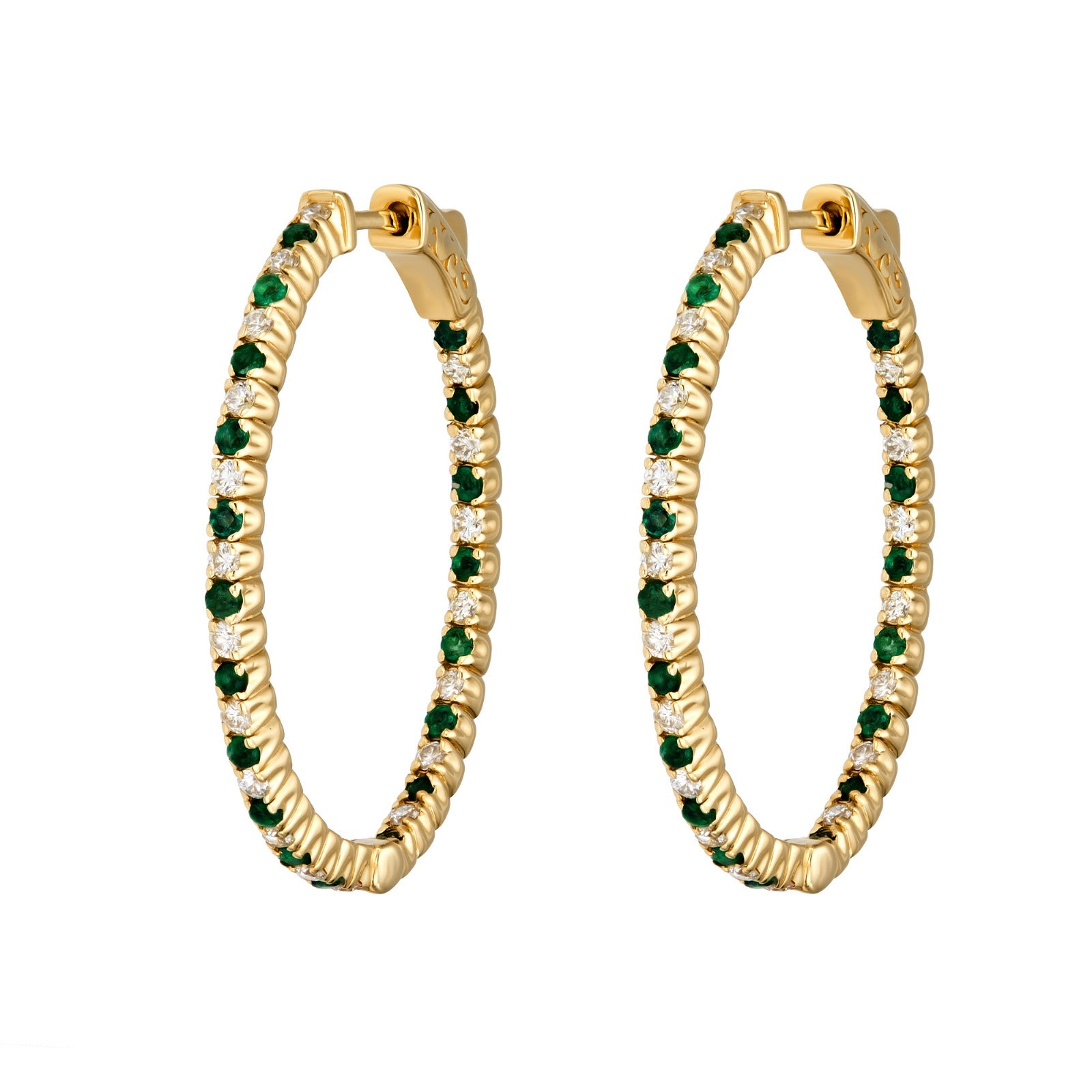 Natural Emerald & Diamond Basket Hoop Earrings in 14K Yellow Gold – 1.82ctw