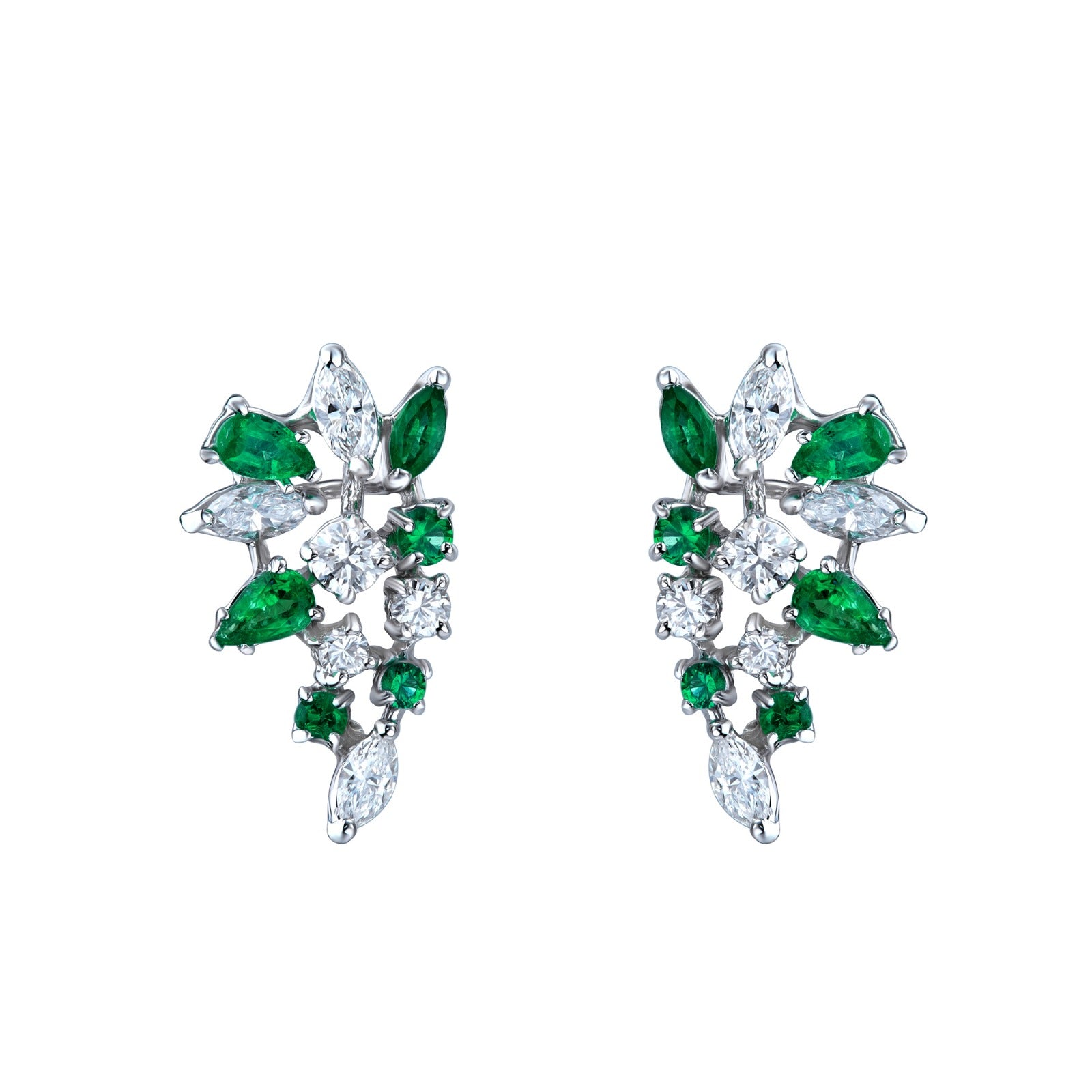 Natural Diamond & Emerald Cluster Stud Earrings in 14K White Gold – 2.72ctw
